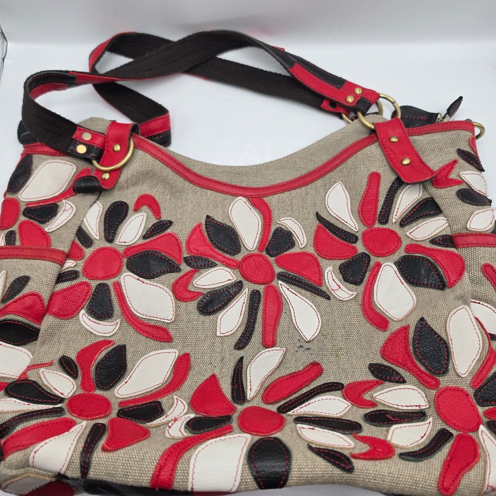 AmeriLeather Amelia Floral Applique Canvas Leather Shoulder Bag Red Black Hobo